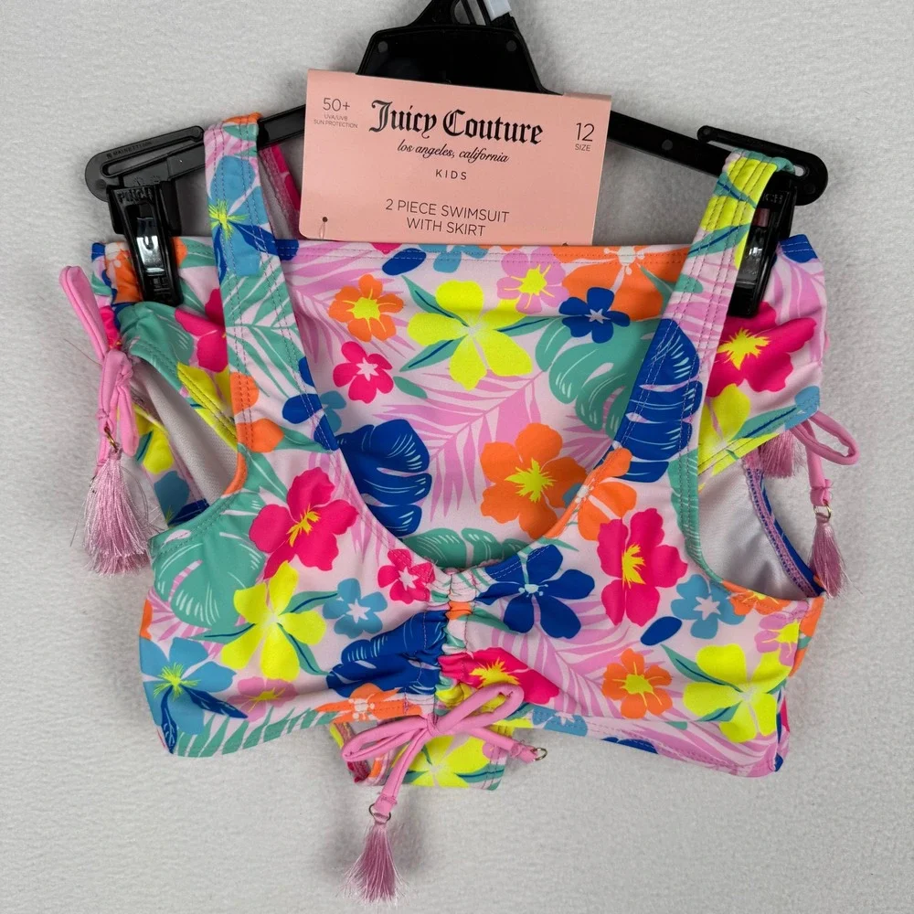 NEW Juicy Couture 2 Piece Swimsuit Kids 12 Pink Colorful Floral Tassel Bikini